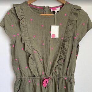 NWT Boden Girls Jumpsuit Embroidered Hearts Pockets Ruffle Girls Size 13-14Y